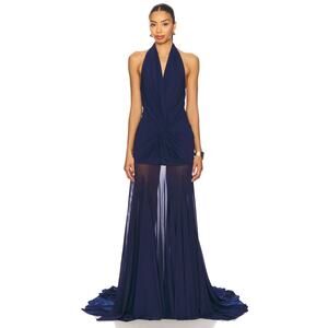 NWT Deme By Gabriella Navy Blue Chloe Ruched Plunge V-neck Halter Gown Size S